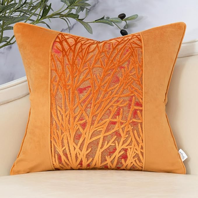 Yangest Orange Yellow Twigs Throw Pillow Cover Velvet Branches Velvet Cushion Case Neutral Pillowcase for Sofa Couch Bedroom Living Room Home Decor,18x18 Inch