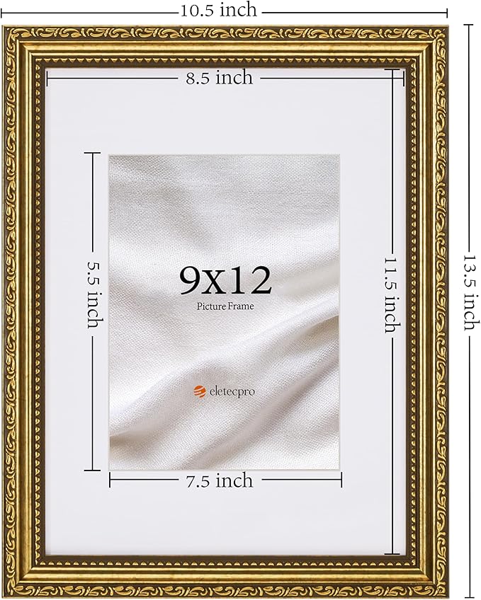 eletecpro 9x12 Picture Frames Set of 2, Vintage 9 x 12 Photo Frames with Glass, Display 6x8 Photo with Mat or 9x12 without Mat for Tabletop or Wall Decor, Gold