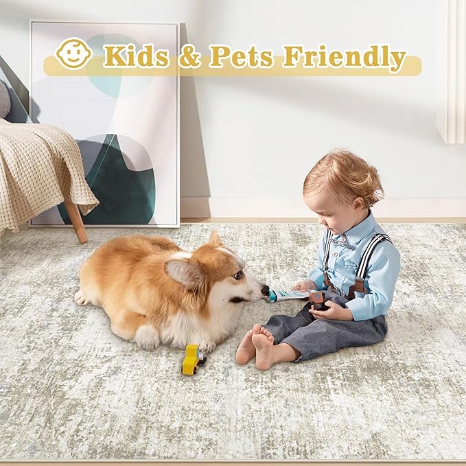 6x9 Washable Area Rug for Living Room: Modern Abstract Rugs Soft Non-Slip Low-Pile Indoor Floor Carpet for Bedroom, Dining Room, Nursery (BeigeBrownBlue, 6'x9')
