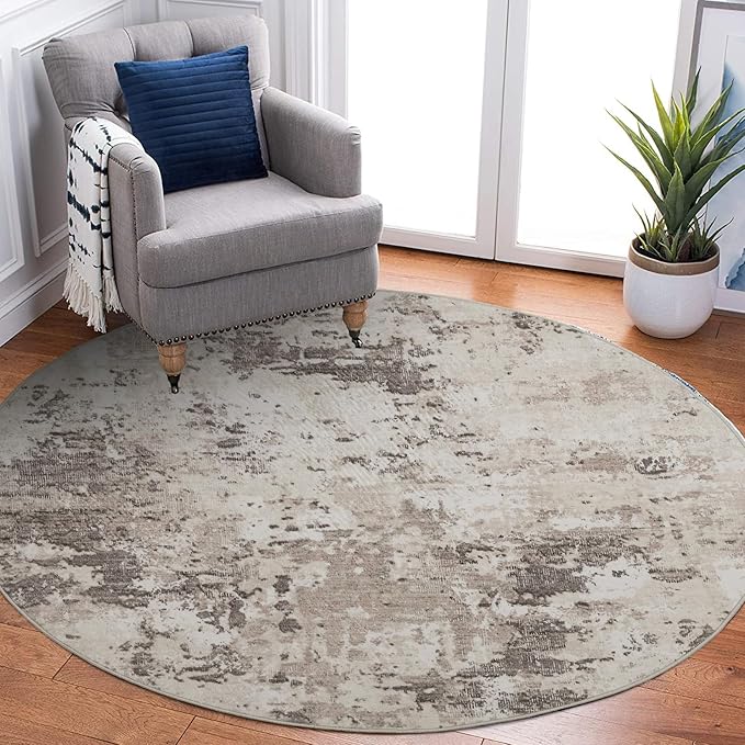 Modern Abstract 6x6 Round Area Rug Non Slip Non Shedding Rug Low Pile Stain Resistant for Bedroom Living Room Office Dining Room,Brown Grey
