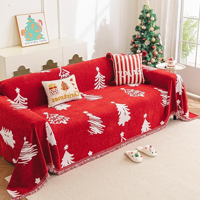 hyha Couch Cover for Dogs, Boho Sofa Covers for 3 Cushion Couch Washable, Chenille Sofa Slipcover for Pets, Soft Loveseat Sectional Couch Throw Blankets with Tassels (Red Christmas tree,88.5x134 Inch)