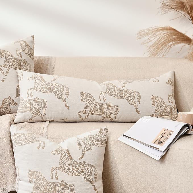 Decorative Lumbar Pillow Cover 14x36, Long Lumbar Pillow Cover Luxury Horse Chenille Jacquard Embroidery Cushion Covers for Bed Couch Sofa Living Room Bedroom