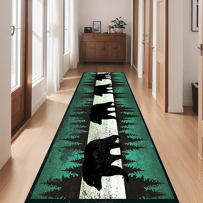 Western Cabin Lodge Runner Rug,4x10ft,Rustic Green Pine Bear Printed Hallway Rugs,Wildlife Long Hallway Runners Carpet,Pet Friendly Non-Shedding Farmhouse Rug for Entryway