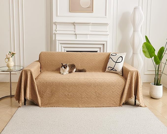 AIVIA Couch Cover Sheet Blanket, Oversized Covers for 3 Cushion Sofa, Large Furniture Decoration Slipcovers, L-Shape U-Shaped Sectional Protector for Cats Dogs Pets (Khaki, 71” x 118”)