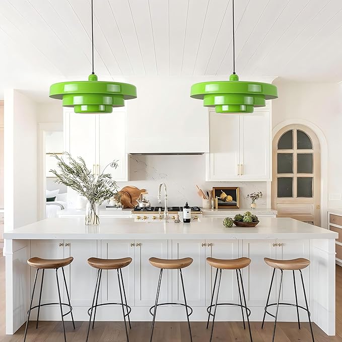 Modern Large Pendant Light Fixture, 17.7 inch Vintage Green Ceiling Hanging Lamp with 3-Layer Metal Shade, Height Adjustable, Mid Century Chandelier for Kitchen Island Lighting,Dining Room