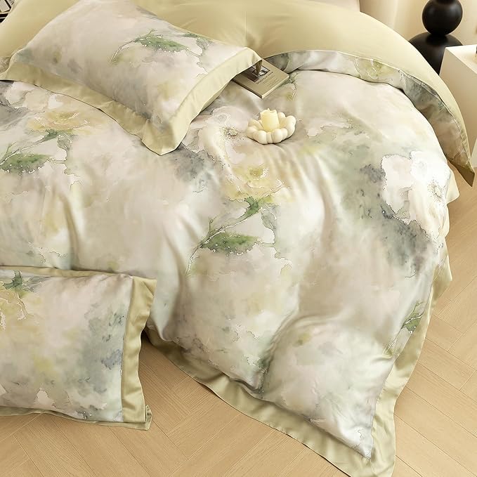 ECOCOTT Bedding 3-Piece Duvet Cover Set Queen Size, Silky Soft 100% Lyocell, Hypoallergenic & Eco-Friendly, Whispering Blooms Floral Pattern, Cooling & Breathable for Hot Sleepers
