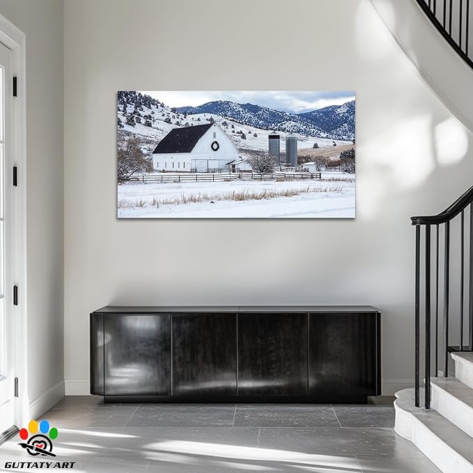 GUTTATY Christmas Winter Barn Canvas Wall Art, Rustic Farmhouse Winter Scene Pictures, Snowy Holiday Wall Decor, Countryside Canvas Print with White Barn for Living Room, Bedroom, Office, 60x30 Inch