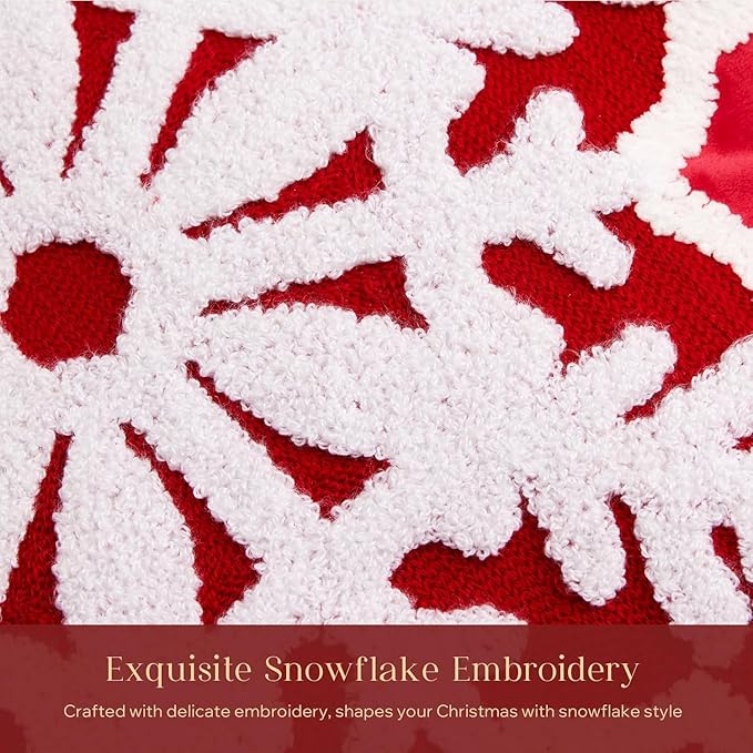 Phantoscope Merry Christmas Snowflake Shaped Throw Pillow, Velvet Xmas Embroidered Snowflake Pillow Decorative Christmas Cushion Pillow for Couch Living Room, Red, 16 x 16 inches