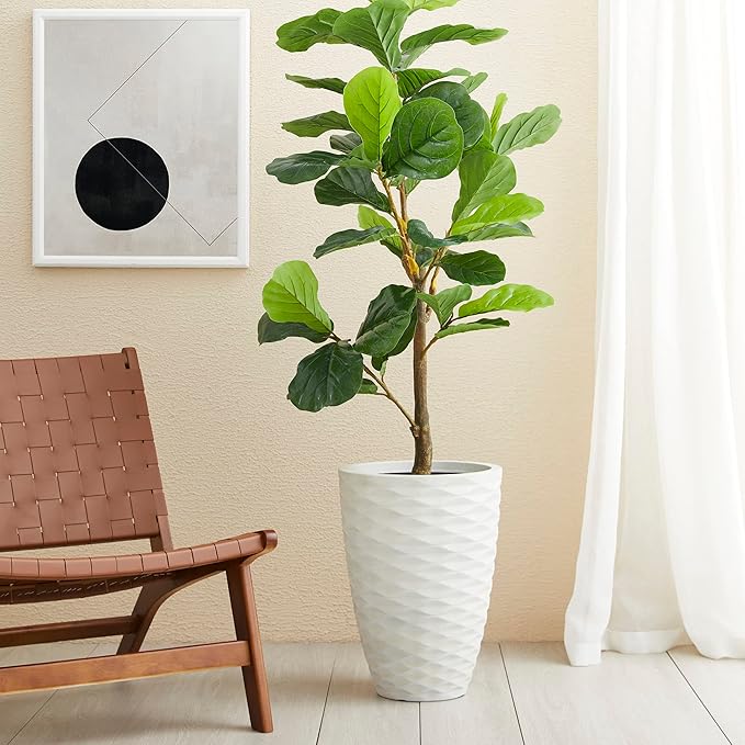 Glitzhome Set of 2 Outdoor Planter Polyresin Modern Decor Large Tall Gardening Containers Flower Pots, White