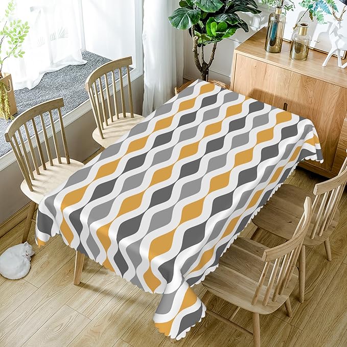 70x120inches Mid Century Tablecloth Orange Grey Geometric Stripes Rectangle Table Cloth Oil Proof and Wrinkle Resistant Table Cover for Dining Room Home Kitchen Cafe Indoor Outdoor Party Decor