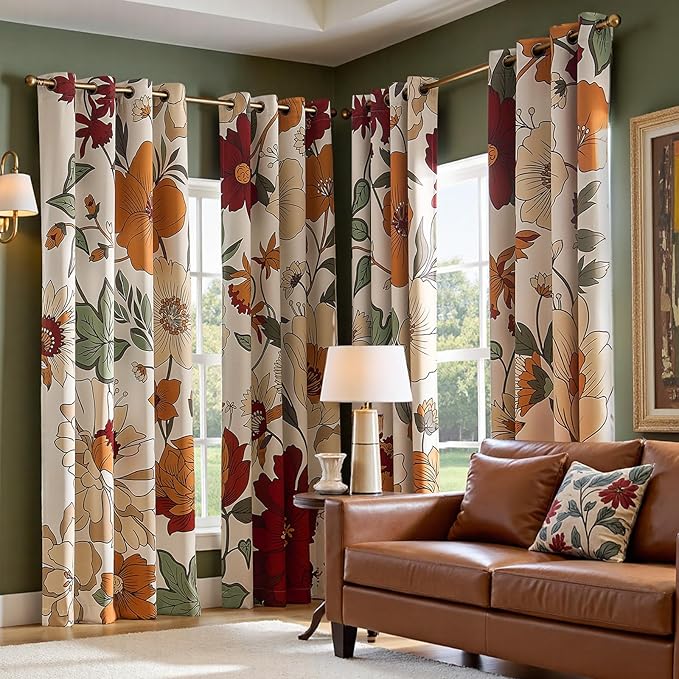 JINCHAN Lora Floral Curtains for Bedroom 95% Blackout Drapes Room Darkening Window Drapes Fall Decor Winter Vintage Flower Patterned Curtains for Living Room 84 Inch Length 2 Panels with Grommet Beige