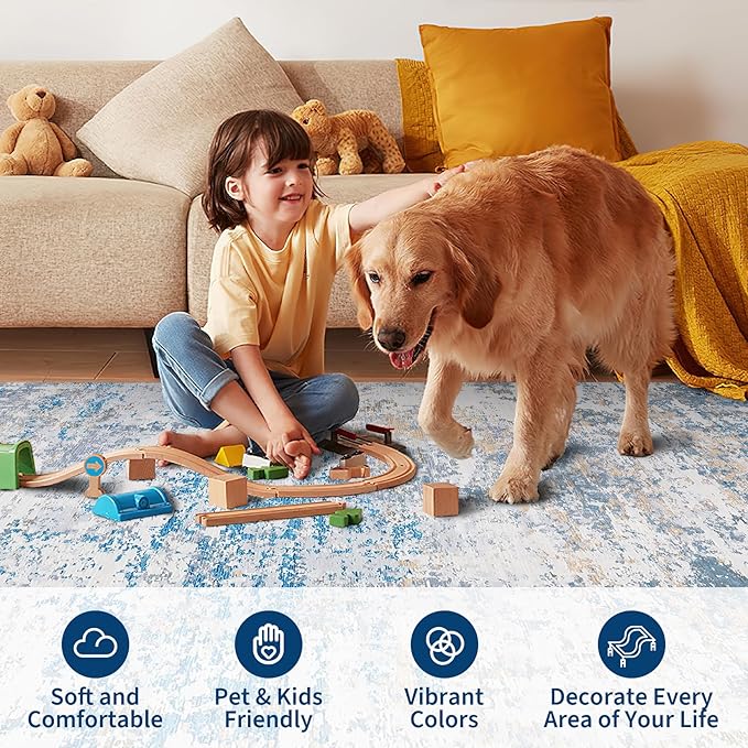 Modern Abstract 2x7 Runner Rug Washable Non Slip Stain Resistant Rug for Hallway Kitchen Bedroom Non Shedding Low Pile Indoor Floor Cover,Blue/Grey