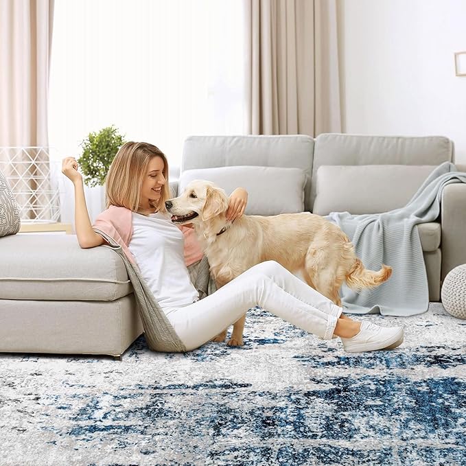 Living Room Rug 10x14 Rug, Machine Washable Modern Abstract Rug Soft Neutral Area Rug Non-Slip Stain Resistant Large Rugs for Living Room Dining Room Bedroom Dorm Office(Grey Blue,10'x14')