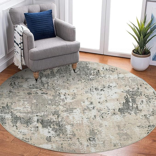 Modern Abstract 4x4 Round Area Rug Non Slip Non Shedding Rug Low Pile Stain Resistant for Bedroom Living Room Office Dining Room,Grey Yellow