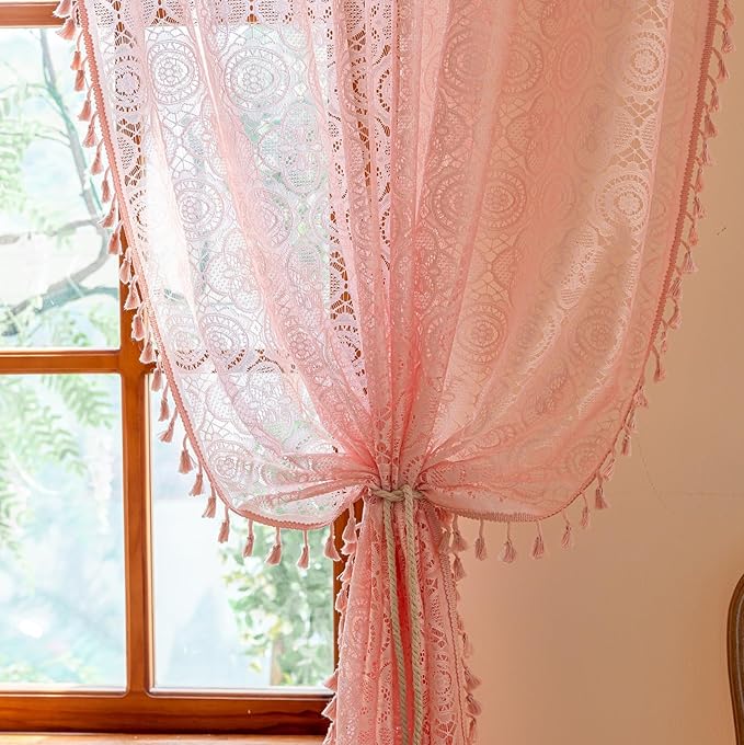YJ YANJUN Pink Boho Curtains 72 Inches Long 2 Panels Set Romantic Flower Sheer Lace Curtains with Tassel for Bedroom Living Room Dining Room Farmhouse & Cottage Home Décor 59 x 72 Inch, Soft Pink