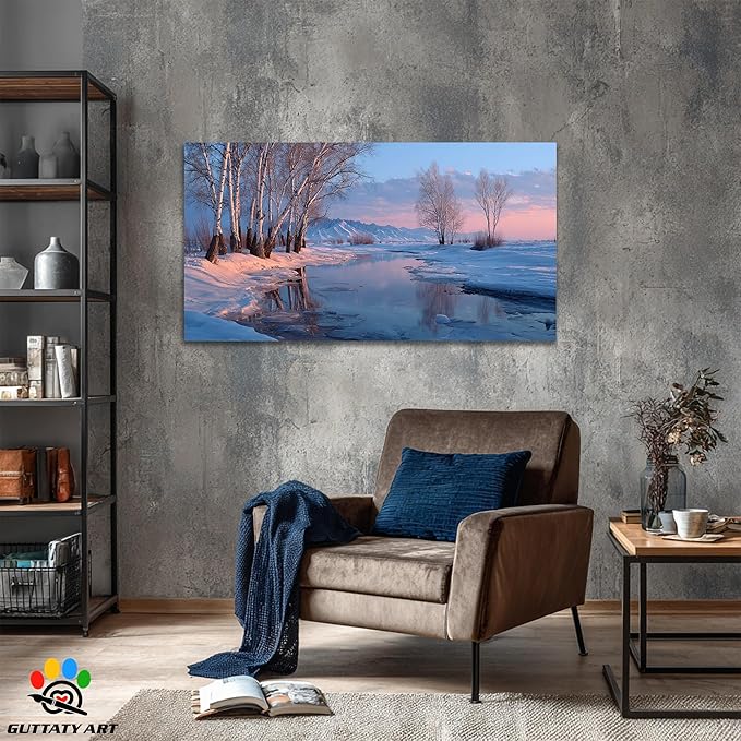 GUTTATY Christmas Winter Birch Canvas Wall Art, Snowy River Landscape Canvas Painting, Tranquil Winter Nature Scene Pictures Prints for Living Room, Bedroom, Holiday Hanging Artwork, 60x30 Inch