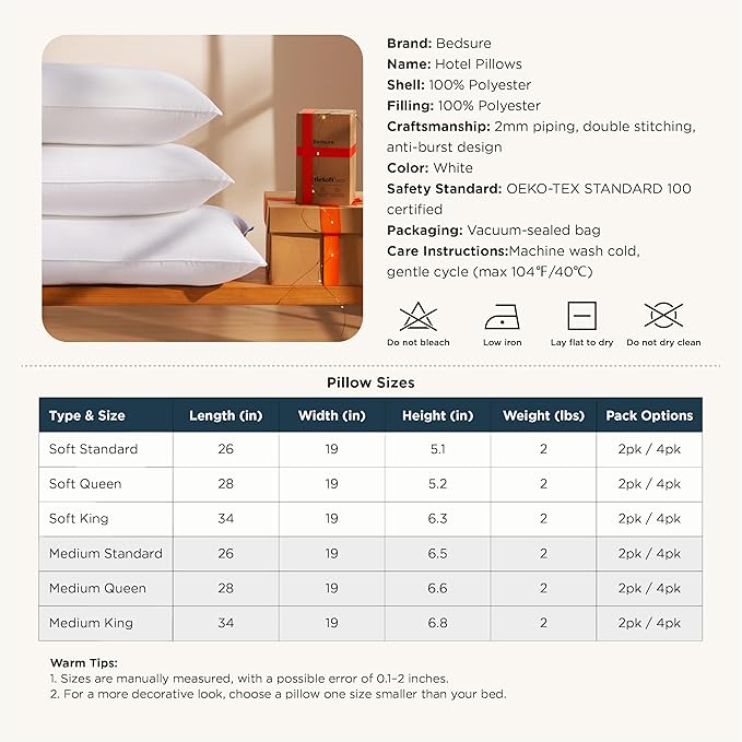 Bedsure Medium Firm King Pillows 2 Pack, Bed Pillows for Sleeping King Size Set of 2, Hotel Quality Premium Down Alternative for Medium Supportive Filling for Side, Back Sleepers