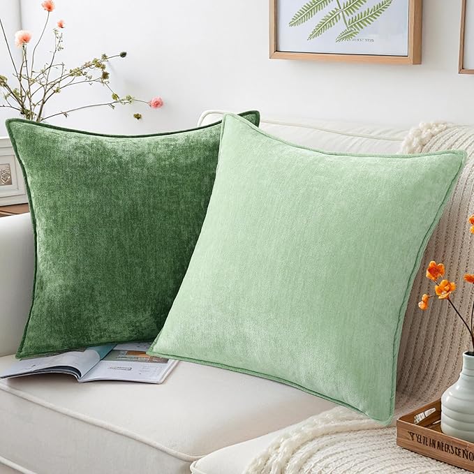 decorUhome Christmas Couch Throw Pillow Covers 22x22 Set of 2, Decorative Soft Euro Velvet Neutral Chenille Pillow Covers with Elegant Design for Sofa Bed Living Room Home Decor, Sage Green