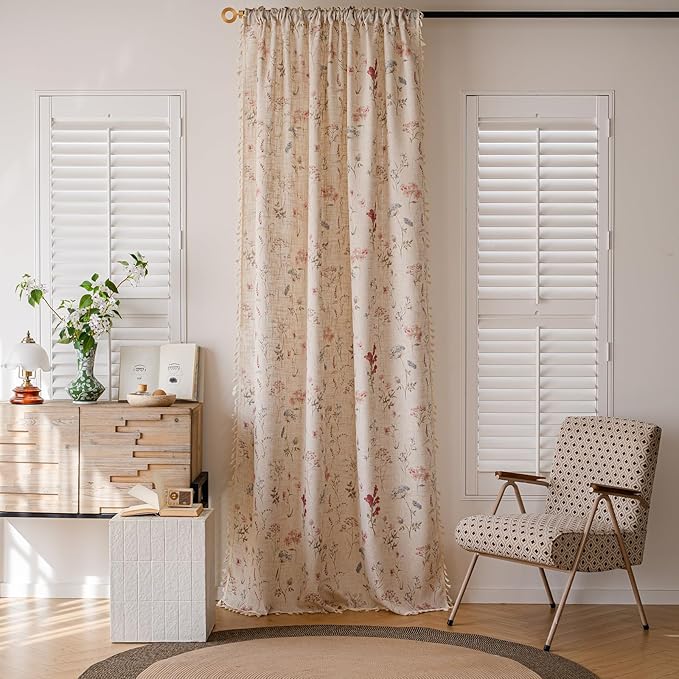 OYX Floral Curtains 2 Panels 52x84 Inches, Boho Tassel Semi-Sheer Light Filtering, Rod Pocket Farmhouse Window Drapes for Bedroom Living Room Dining Room, Bohemian Aesthetic Decor