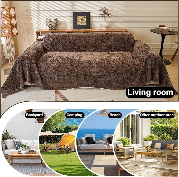 ROOMLIFE Brown Sofa Cover, Vintage Boho Couch Cover for 3 Cushion Sofa, Soft Chenille Sofa Cover for Dog, Washable Furniture Sofa Protector Cover Blanket with Tassel for Living Room, 71 '' X 134''
