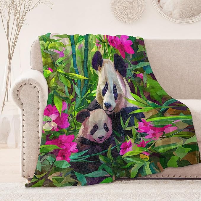 Cute Panda Flower Blanket, Cozy Flannel Adorable Animal and Floral Blankets, All Season Soft Throw for Travel Home Decor, Lightweight Sofa Bed Throws, Gifts for Women Girls Kids, 50"×60"