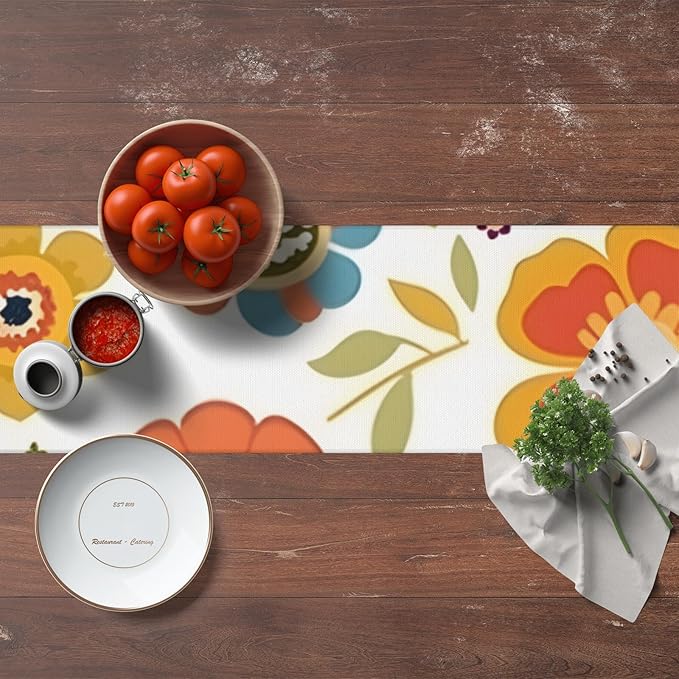 Retro Flower Table Runner 13x72 Inches Vintage Floral Faux Linen for Kitchen Dining Table Decor Wedding Birthday Party Holiday Celebration