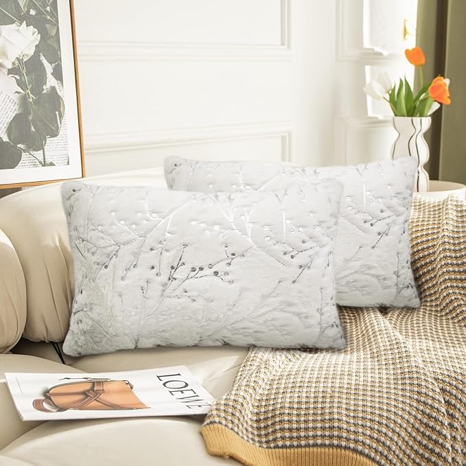 LIGICKY Set of 2 Decorative Lumbar Pillows Fluffy White Fur Pillow Coves Silver Branches Glitter Throw Pillows Soft Furry Sparkling Rectangle Cushion Cases for Sofa Bedroom Party Décor 12x20inch