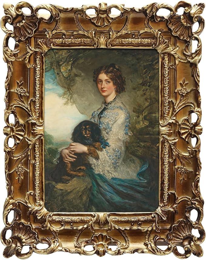 FOLKOR Framed Canvas Wall Art for Living Room, Vintage Home Decor Lady Holding Dog Oil Painting Bathroom Wall Decor, Swan Art Prints Gifts for Friends or Family, 5x7