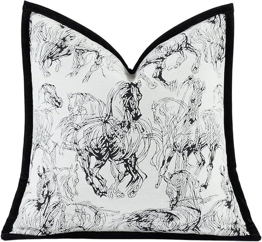 New 18x18'' inches Throw Pillow Cushion Covers - Black Horse Chenille Jacquard Embroidery with Edge Strip Luxury Modern Style Couch Sofa Bed Pillow Cover for Living Room Bedroom