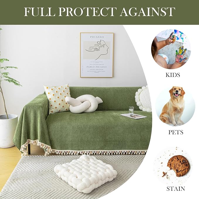 HANDONTIME Christmas Green Sofa Cover Vintage Couch Cover for Dogs 71" X118" Couch Cushion Covers with Tassel Sofa Cover Boho Sofa Covers for 3 Cushion Couch Chenille Soft Loveseat Sofa Covers