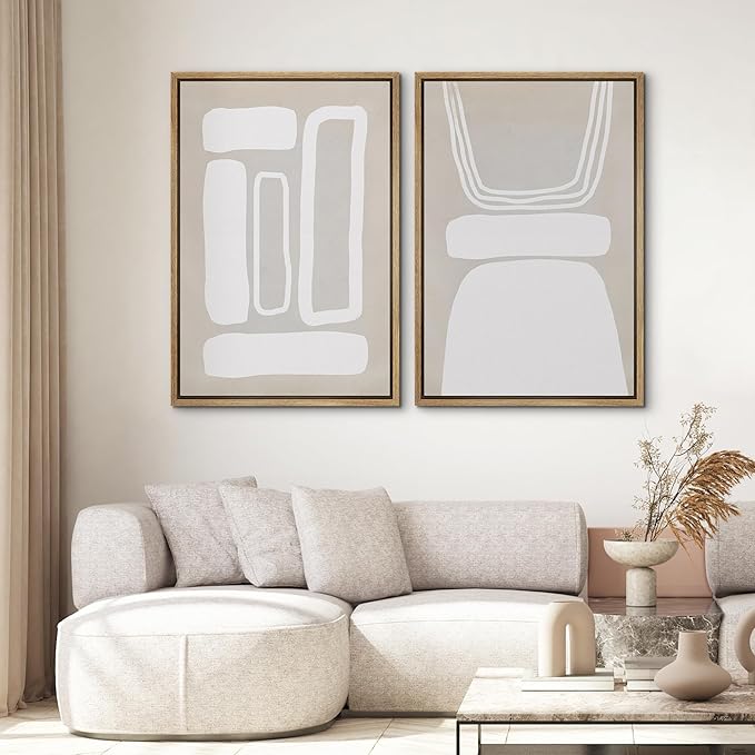 SIGNWIN Framed Canvas Print Wall Art Set Retro 1960s Geometric Figure Collage Abstract Shape Cozy Neutral Modern Art Decorative Nordic Multicolor for Living Room, Bedroom, Office - 24"x36"x2 Natural