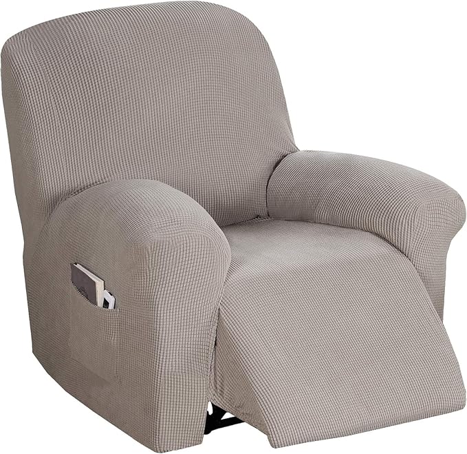 Flamingo P Stretch Recliner Chair Cover Recliner Cover for Electric/Manual Style | Furniture Cover for Reclining with Side Pocket, Soft Checked Jacquard Fabric Form Fitted Standard/Oversized - Taupe