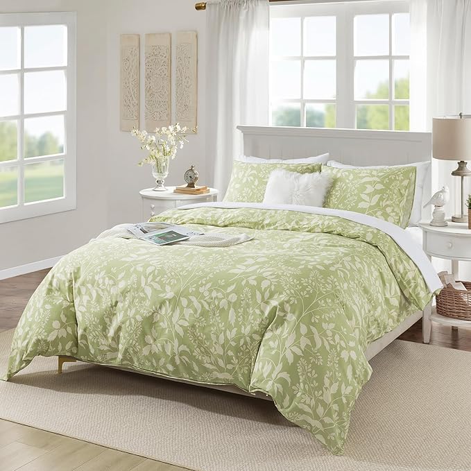 HoneiLife Wildflower Duvet Cover Queen - 100% Cotton Comforter Cover Sets, 3-PC Comfortable Floral Duvet Cover Sets, Soft & Breathable Duvet Cover with Zipper Closure & Corner Ties, Vibrant Green
