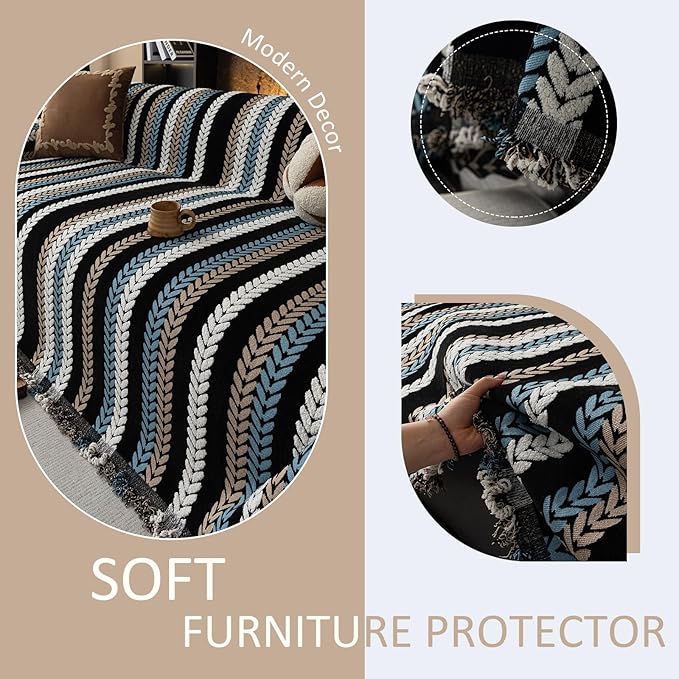 VClife Couch Cover for Sofa, Chenille Sofa Cover for Dog Modern Stripe Couch Cover for 3 Cushion Couch Sofa, Non Slip Furniture Protector Pet Couch Slipcover with Tassel, Black, 71''x150''