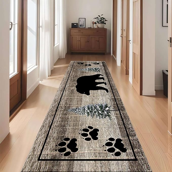 Bear Paw Runner Rug,1.3x7ft,Rustic Black Bear Forest Wildlife Washable Porch Rugs, Soft Durable Vintage Long Runner Rug for Living Room Kitchen Laundry Room Hallwey Entrance