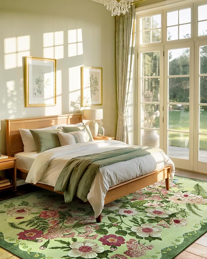 Floral Rugs for Living Room - 9x12 Soft Washable Area Rug Stain Resistant Ultra-Thin Non-Slip Low Pile Farmhouse Vintage Large Carpet for Bedroom Dining Room Nursery Home Office Decor, Green