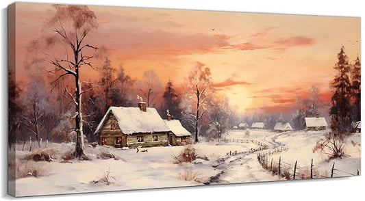GUTTATY Christmas Winter Scene Canvas Wall Art, Cozy Snow Village Canvas Print, Rustic Country House Wall Painting, Winter Sunset Landscape Poster for Living Room, Bedroom, Hallway, 24x12 Inch