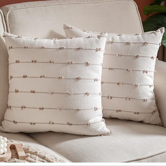Caflife Boho Throw Pillow Covers Geometric 18x18 inches Beige and Natural Linen, Set of 2 Modern Farmhouse Decorative Pillow Covers for Couch Bed, Living Room, Home