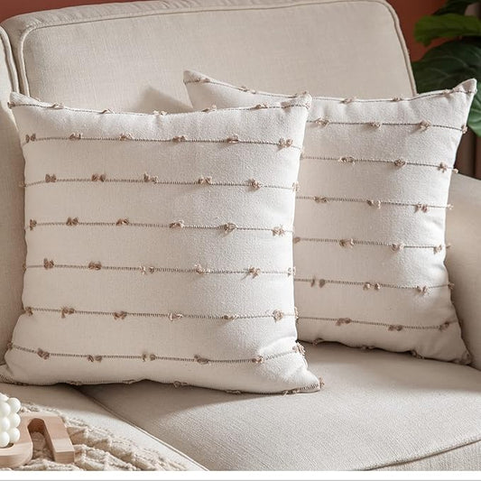Caflife Boho Throw Pillow Covers Geometric 18x18 inches Beige and Natural Linen, Set of 2 Modern Farmhouse Decorative Pillow Covers for Couch Bed, Living Room, Home