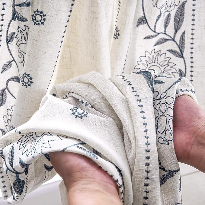 jinchan Winslow Linen Curtains 54 Inch Length Small Window Curtains Embroidered Bordered Floral Drapes Light Filtering for Bathroom Laundry Room Kitchen Farmhouse Decor Blue on Beige 2 Panels