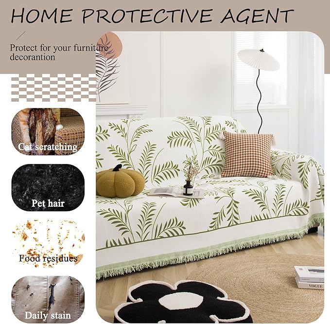 ALIECOM Boho Couch Covers for Sectional Sofa 2 Piece Thick Chenille L Shape Sofa Cover Washable Reversible Couch Cover Blanket Sofa Slipcovers Pet Dog Furniture Protector (XX-Large, Leaves Green)