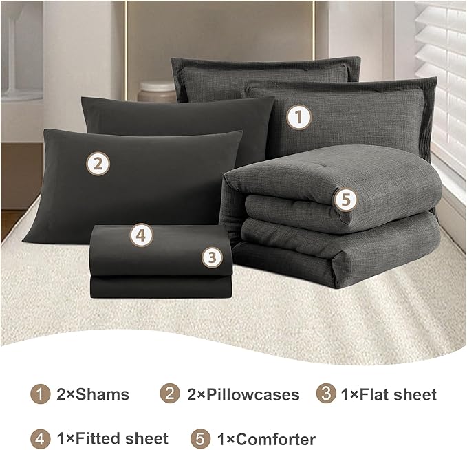 Geniospin Full Comforter Set - 7 Pieces Comforter Full Size, Solid Bedding Sets for All Season, Textured Bed in a Bag with Flat Sheet and Fitted Sheet, Pillowcases and Shams (Grey, 80''x90'')