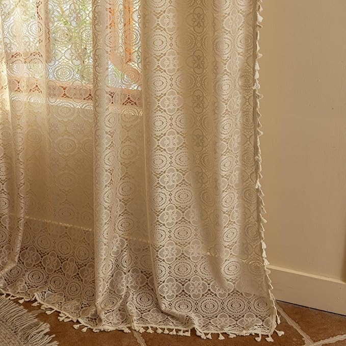 Bohemian Lace Curtains 96 Inches Long 2 Panels Country Hollow Floral Knitted Tassel Curtains Elegant Boho Semi -Sheer Curtains for Living Room Light Filtering Shabby Chic Curtains 59"W x 96"L Beige