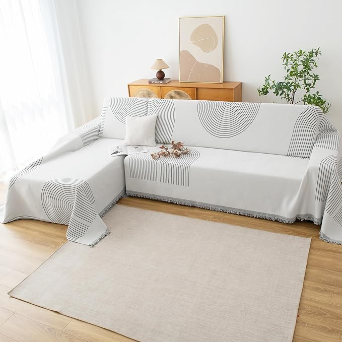 Couch Cover for Dogs, Boho Sofa Covers for 2 Cushion Couch, Chenille Sofa Slipcover for Pets Washable, L-Shape Sectional Couch Loveseat Cover Soft Throw Blankets with Tassels(71x102,Arc Grey)