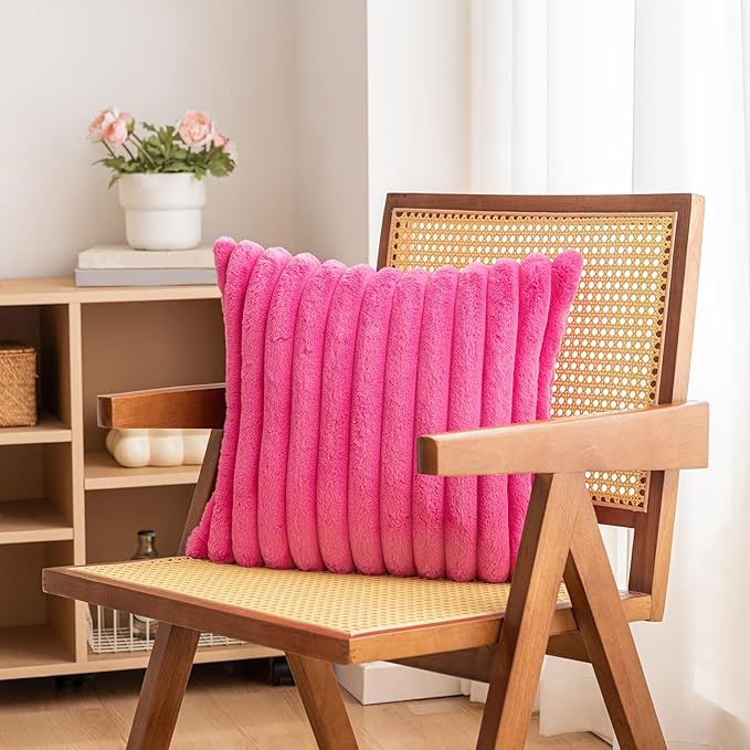 Double-Sided Faux Fur Plush Throw Pillow Covers 16x16 Set of 2 Fuzzy Striped Soft Cozy Pillowcase Luxury Decorative Pillows Square Shaggy Cushion Covers for Couch Sofa Bed,Hot Pink