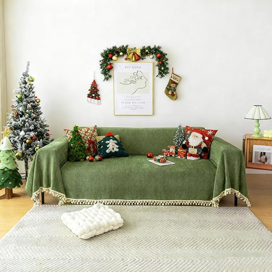 HANDONTIME Christmas Green Sofa Cover Vintage Couch Cover for Dogs 71" X118" Couch Cushion Covers with Tassel Sofa Cover Boho Sofa Covers for 3 Cushion Couch Chenille Soft Loveseat Sofa Covers