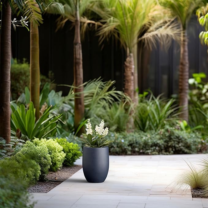 Kante 11.8 Inch Tall Concrete Planter, Large Indoor Outdoor Plant Pot with Drainage, Smooth Charcoal Finish with Forest Green Interior, Ideal for Porch, Home, Garden, Patio