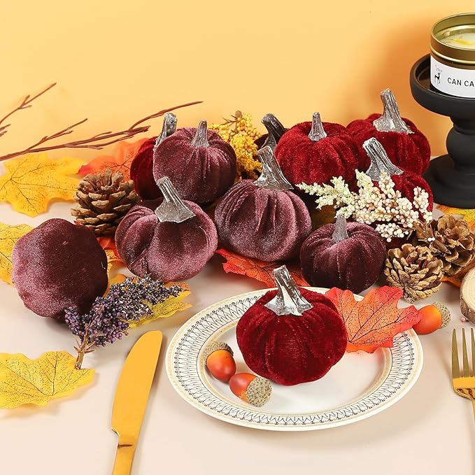12pcs Velvet Fake Pumpkins Fall Decor Faux Small Foam Fabric Pumpkin for Autumn Table Centerpiece Party Farmhouse Harvest Thanksgiving (Burgundy/Mulberry)