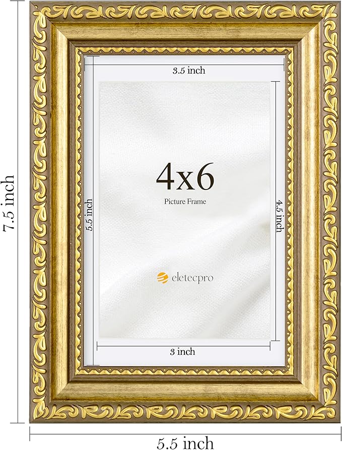 eletecpro 4x6 Picture Frames Set of 2, Vintage Photo Frames with Glass, Display 3.5x5 Photo with Mat or 4x6 without Mat for Tabletop or Wall Decor, Gold