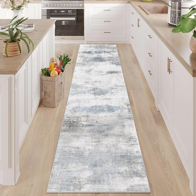 Enkor Runner Rug for Hallway, 2x10 Washable Soft Non Slip Abstract Rug for Kitchen, Modern Mat for Entryway Living Room Bedroom Blue & Grey